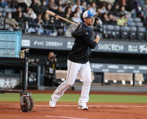 秋季キャンプでノックを打つ西岡剛野手総合コーチ(撮影･中島宙恵)